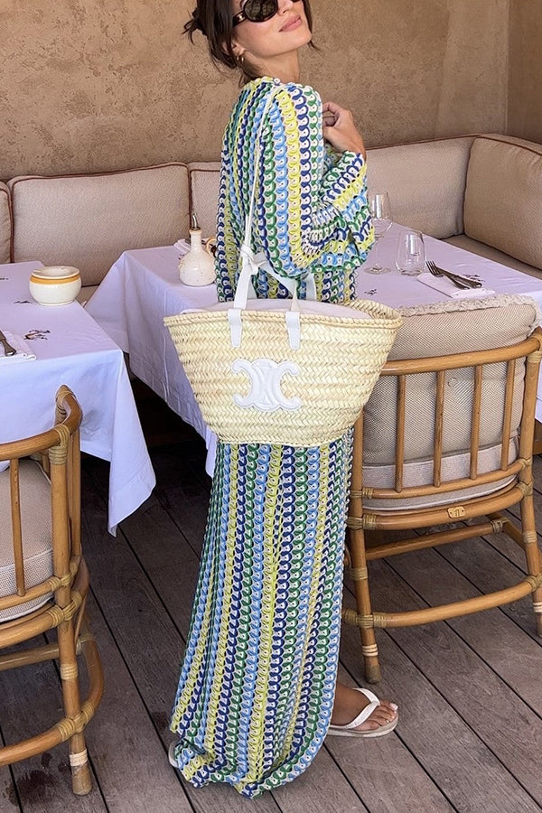 Vestido largo de vacaciones Bondi Beach de punto con estampado de olas de colores y manga larga