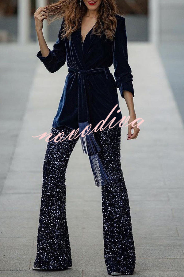 Pantalón acampanado Diva de lentejuelas con talle alto y cintura elástica