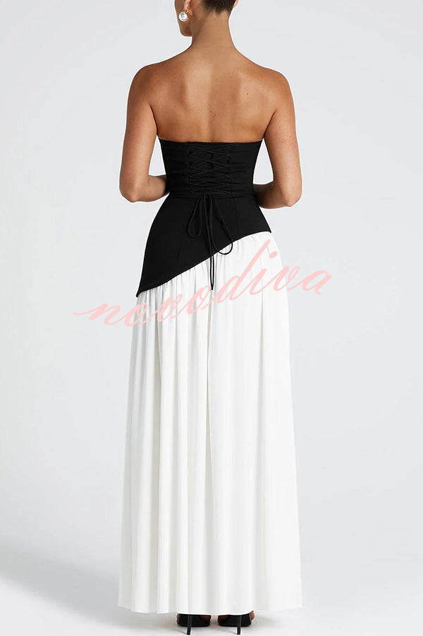 Vestido largo elegante de gasa con hombros descubiertos, bajo plisado, pañuelo y abertura