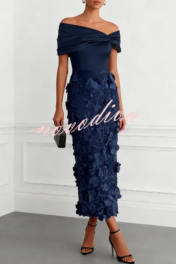 Vestido midi ajustado clásico con bordado floral 3D, hombros descubiertos y manga corta