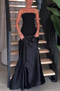 Vestido largo de gala palabra de honor de satén con paneles y vuelo, elegancia atemporal