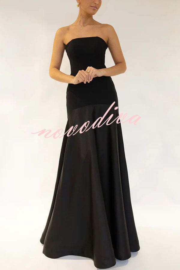 Vestido largo de gala palabra de honor de satén con paneles y vuelo, elegancia atemporal