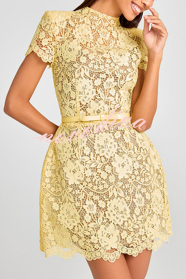 Minivestido Champagne Toast de encaje floral con manga corta y cinturón con lazo