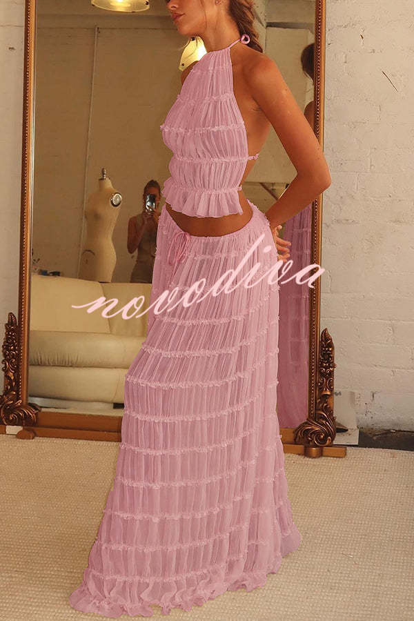 Falda larga escalonada plisada con cintura de cordón, versátil y con encanto vintage