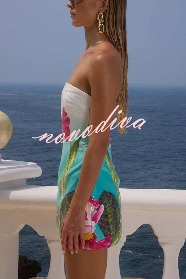 Minivestido elástico palabra de honor Beach Club de lentejuelas con estampado exclusivo
