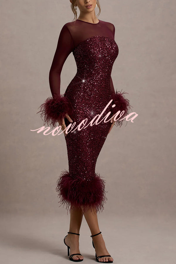 Vestido midi elástico Glamour y Drama de malla con patchwork de lentejuelas y ribete de plumas