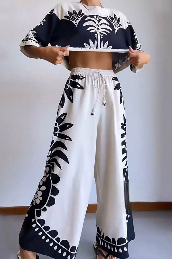 Conjunto Exotic Holiday de top holgado con estampado étnico y pantalón ancho con cintura elástica