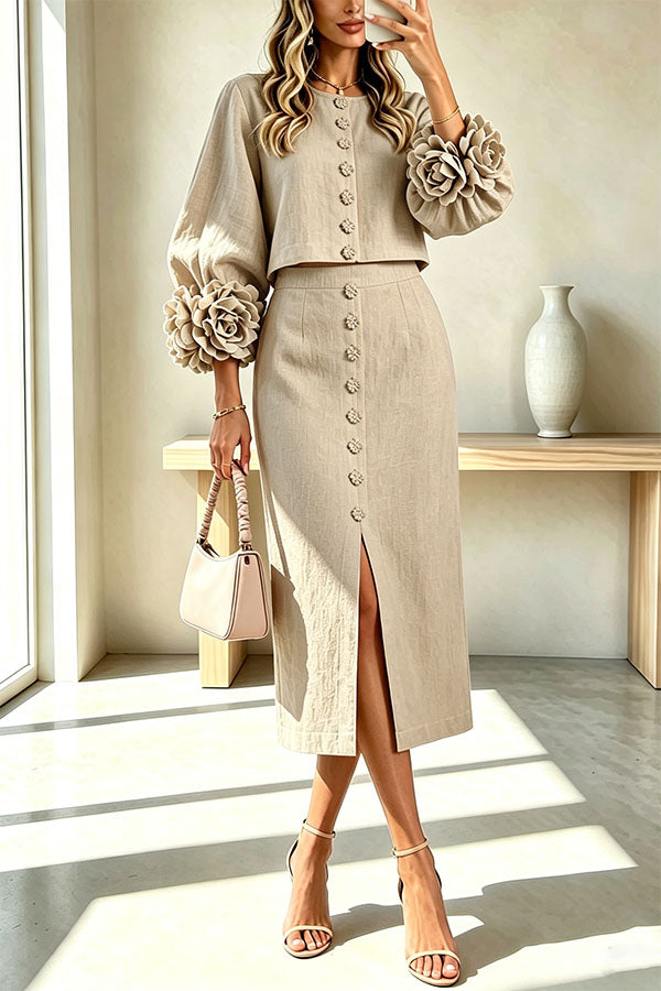 Conjunto de mezcla de lino de blusa con botones de flor y puños florales y falda midi con cintura elástica y bolsillos