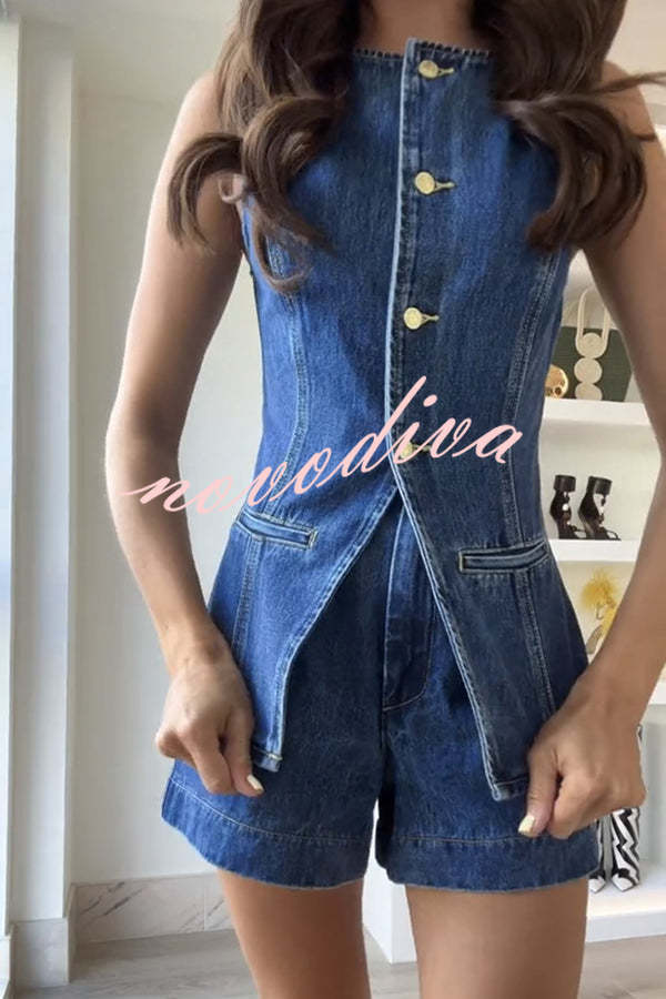 Top chaleco vaquero Abel con botones, costuras princesa y bolsillos