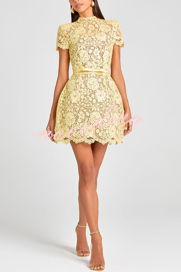 Minivestido Champagne Toast de encaje floral con manga corta y cinturón con lazo
