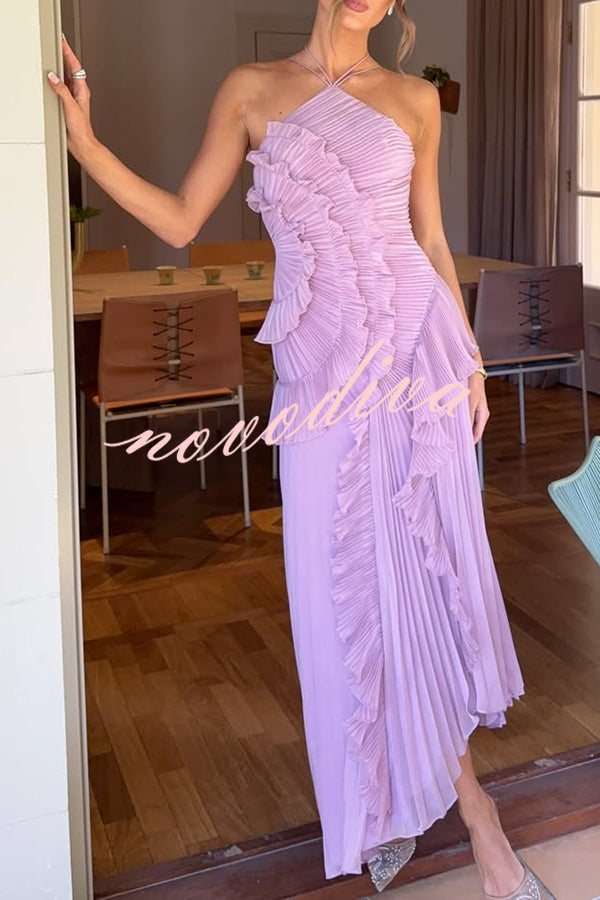 Vestido largo de gala halter Dream Ode con pliegues y volantes estilo nenúfar