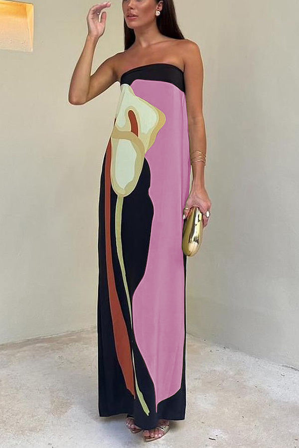 Vestido largo holgado Jaime con estampado floral abstracto y hombros descubiertos elásticos, ideal para vacaciones
