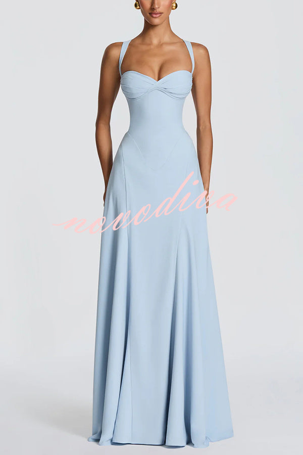 Vestido largo Irie drapeado de gasa con escote corazón, tirantes estrechos y lazada en la espalda