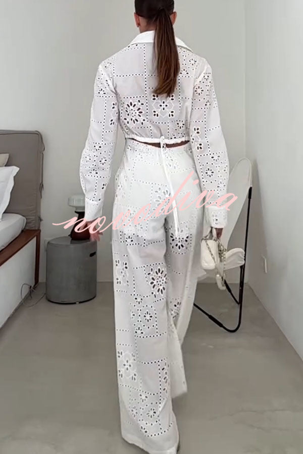 Mono camisero holgado Vivi de encaje bordado con aberturas, manga larga, bolsillos y cintura elástica