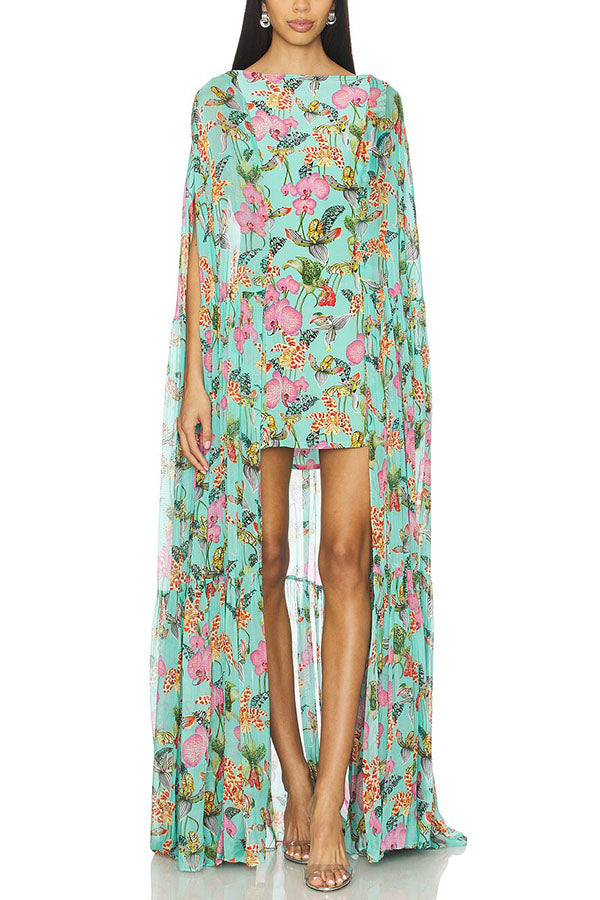 Vestido largo con capa Garden Party con estampado floral en contraste y bajo asimétrico