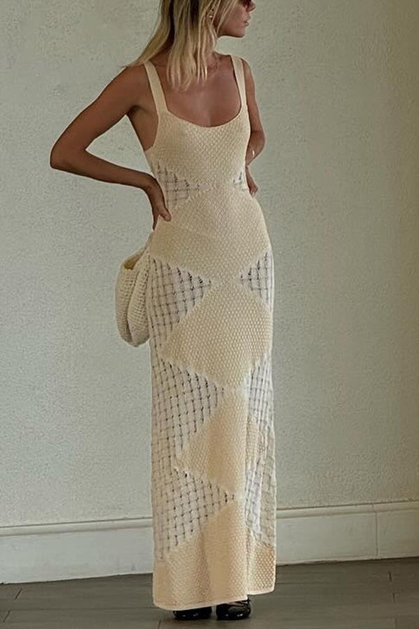 Vestido largo ajustado de punto sexy con estampado de rombos y espalda descubierta