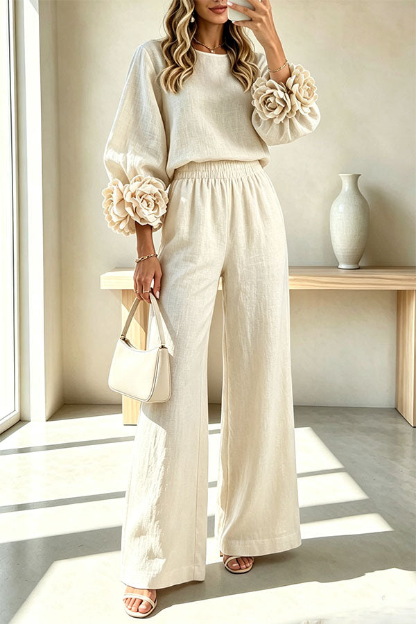Conjunto de mezcla de lino de blusa con puños florales y pantalón con cintura elástica y bolsillos