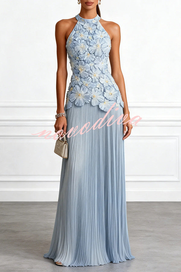 Vestido largo halter Emilie sin mangas con bordado floral 3D y bajo de gasa plisada