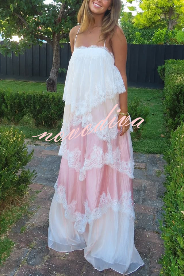 Vestido largo Caroline degradado con volantes escalonados, ribete de encaje, tirantes ajustables, espalda descubierta y corte en A