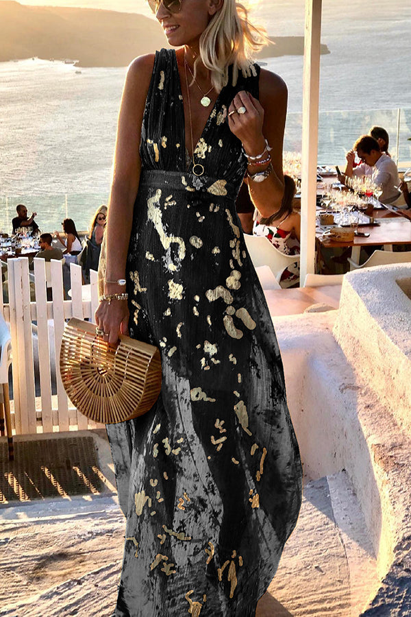 Vestido largo Historias de Atardecer Dorado con escote de pico