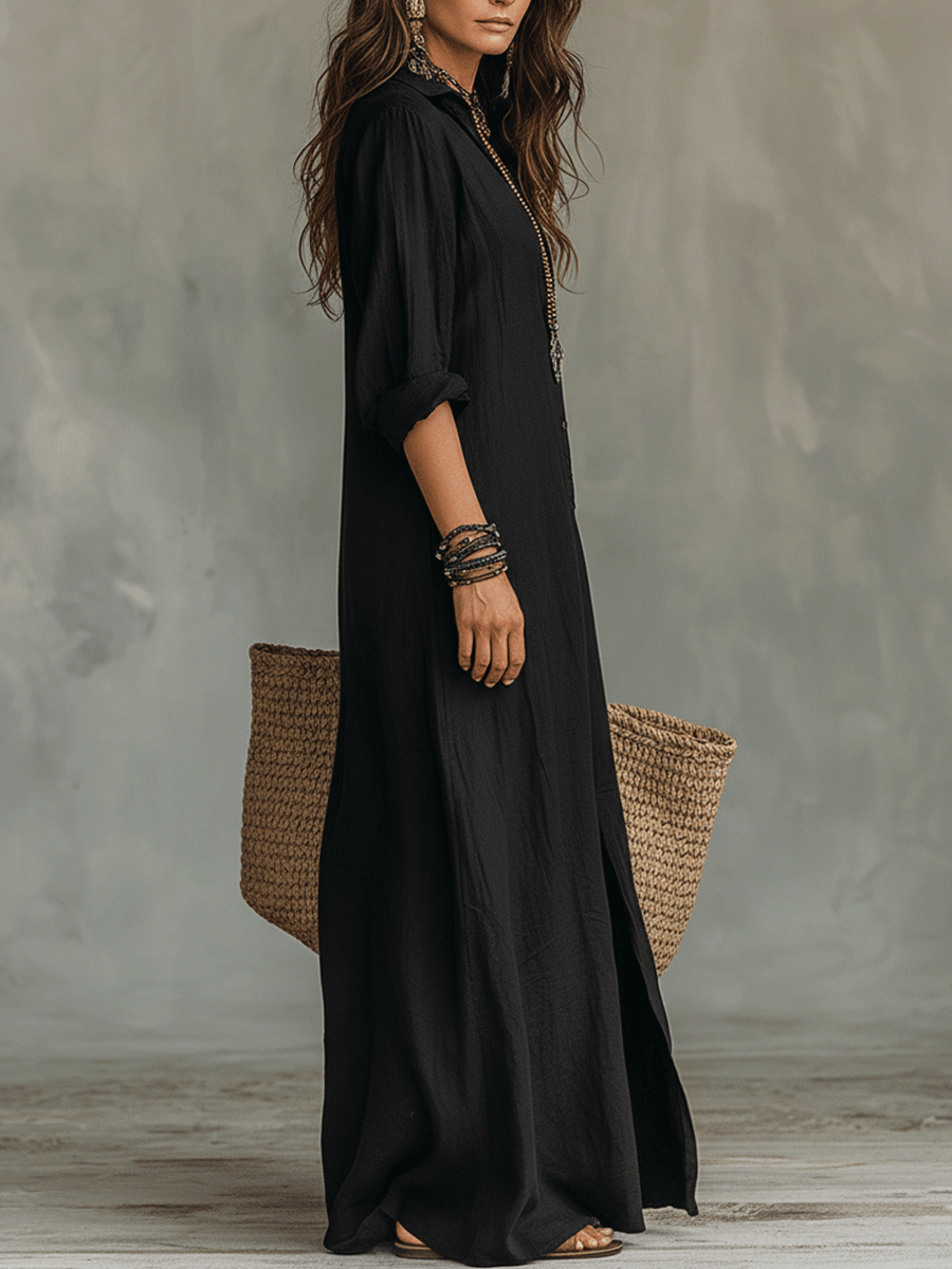 Vestido Largo Bohemio con Botonadura Delantera en Negro