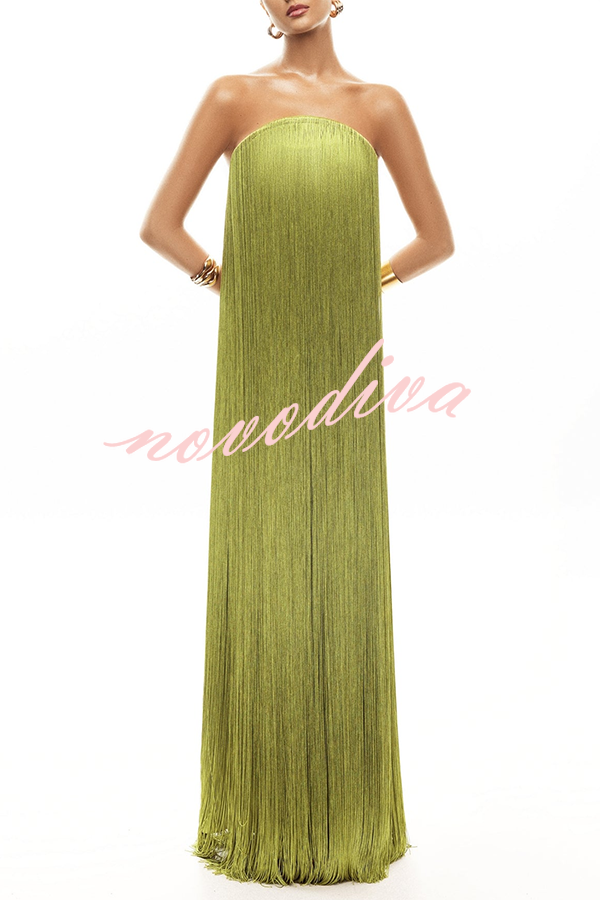 Vestido largo de gala hasta el suelo Dreamy Eye-catching con flecos brillantes y hombros descubiertos