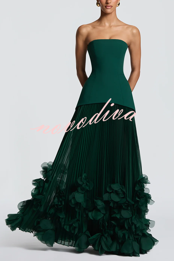 Vestido largo de gala Serafina palabra de honor con apliques florales hechos a mano, bajo plisado y lazada en la espalda