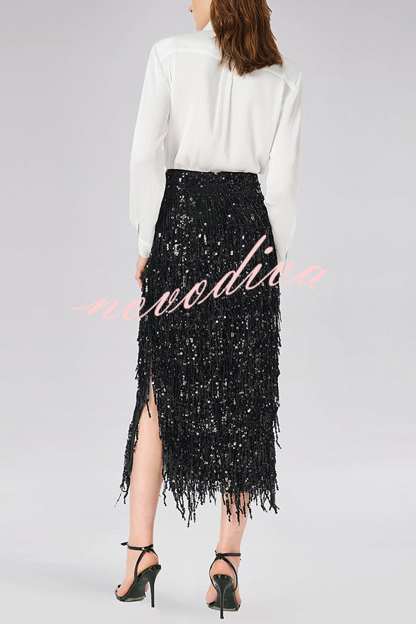 Falda midi Evening Charm de talle alto con flecos de lentejuelas superpuestos, cremallera trasera y abertura