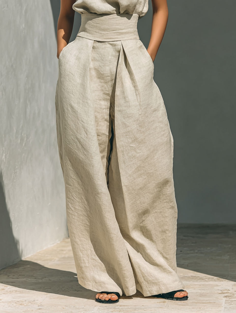 Conjunto Minimalista para Mujer con Blusa Sin Mangas y Pantalón de Pierna Ancha
