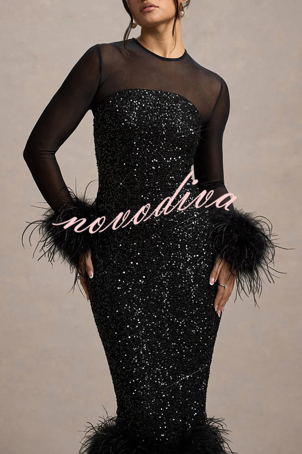 Vestido midi elástico Glamour y Drama de malla con patchwork de lentejuelas y ribete de plumas