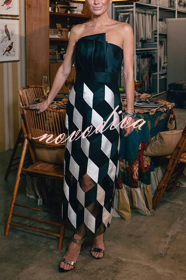 Vestido midi sexy palabra de honor con espalda descubierta y rombos en contraste