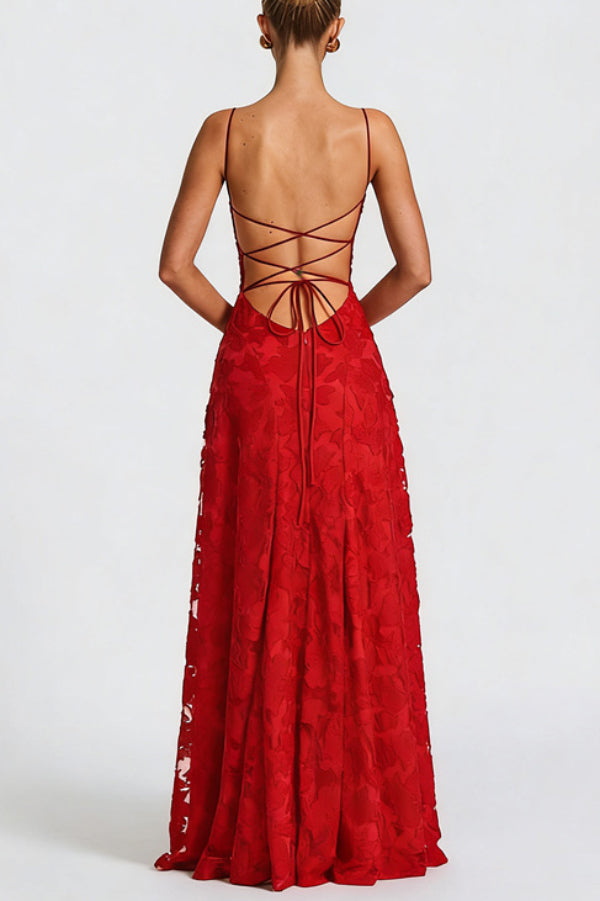 Vestido largo Francis de punto devoré floral con cuello caído y lazada en la espalda