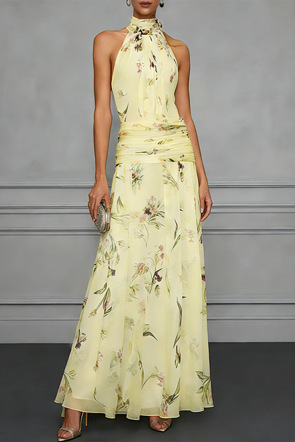 Vestido Aria floral halter fruncido