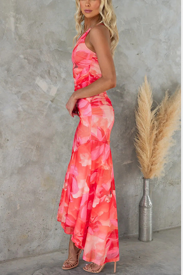 Vestido largo elástico Deja con capa de malla, estampado floral, asimétrico y fruncido