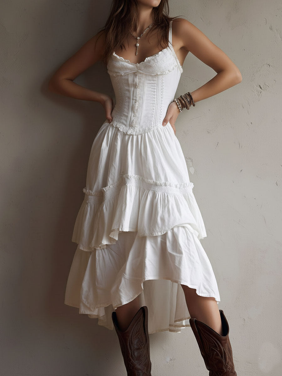 Vestido Midi Bohemio Retro de Corsé por Capas con Ribete de Encaje