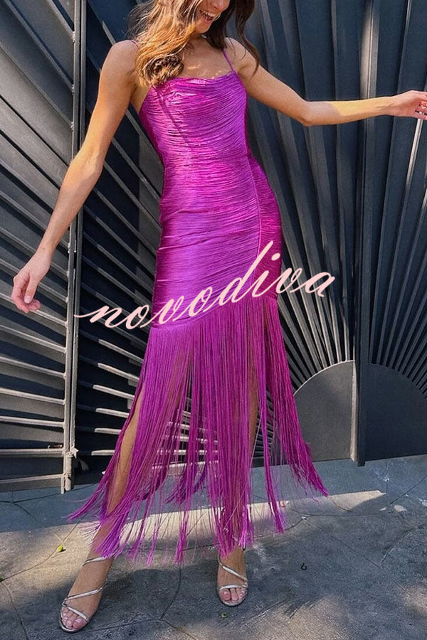 Vestido largo lencero Cocktail Party con flecos, cuello caído, sin mangas y bajo drapeado