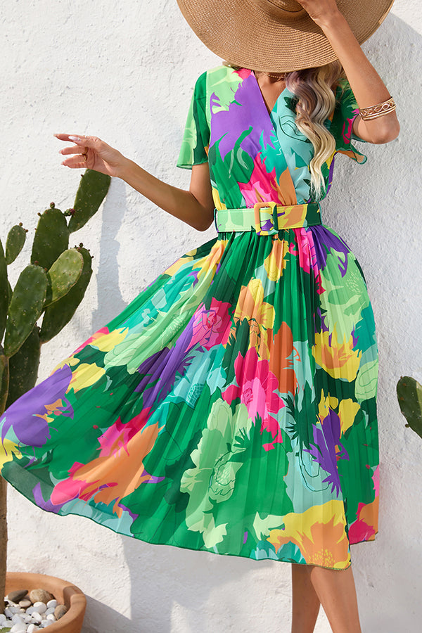 Vestido midi Paulette plisado con estampado floral en contraste y cinturón