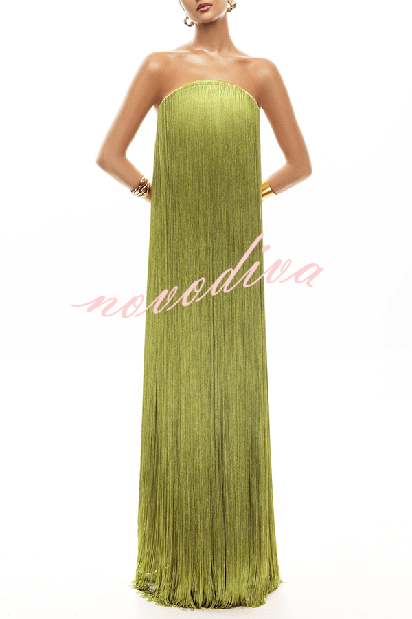 Vestido largo de gala hasta el suelo Dreamy Eye-catching con flecos brillantes y hombros descubiertos