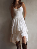 Vestido Midi Bohemio Retro de Corsé por Capas con Ribete de Encaje