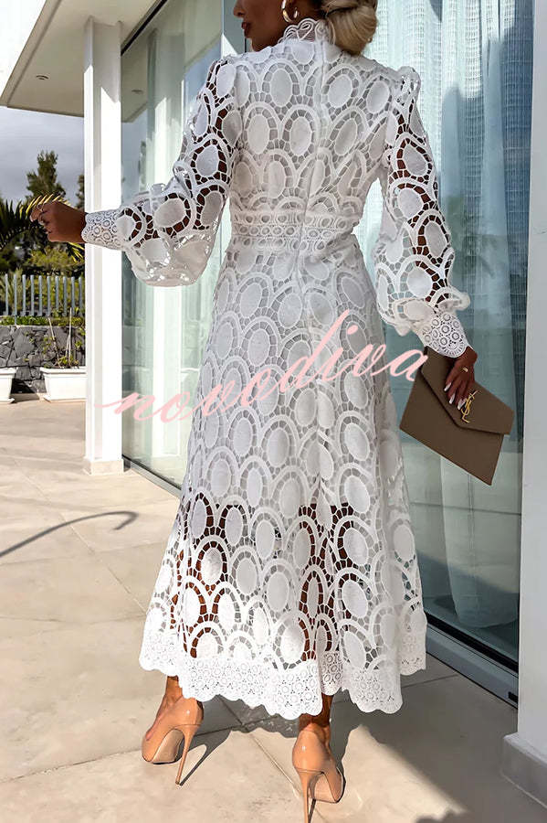 Vestido midi de fiesta Romántico, Sensual y Elegante de encaje de ganchillo con manga farol