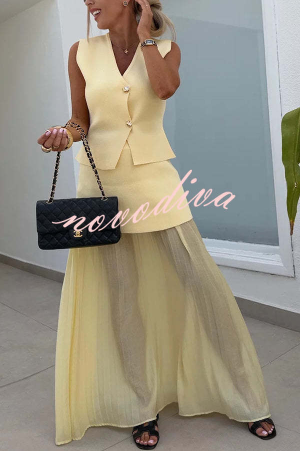 Chaleco holgado de punto con escote en V y botones dorados, elegante y con estilo