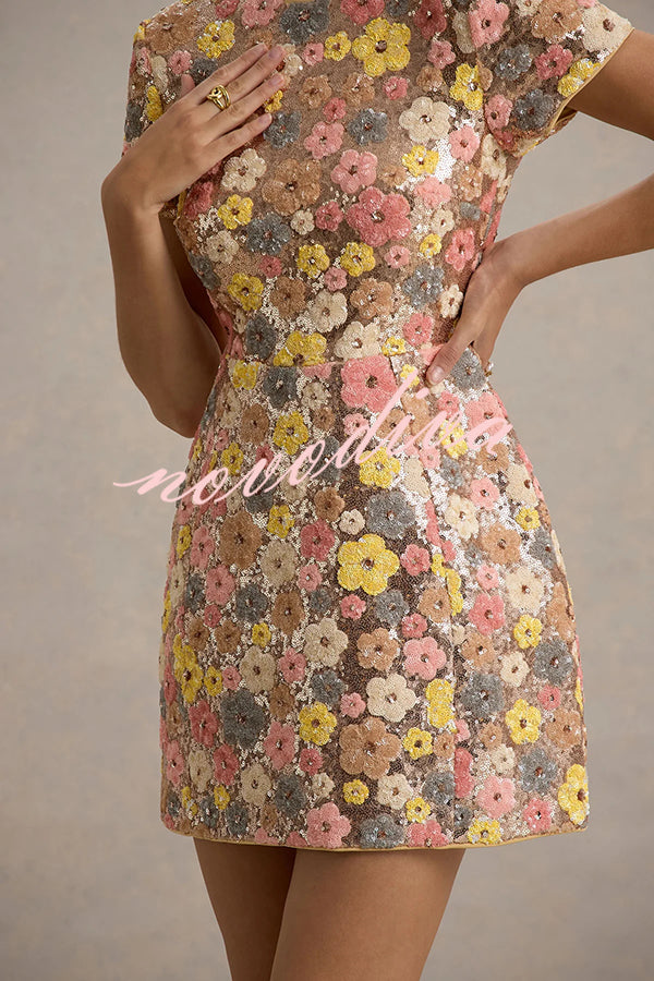 Minivestido elástico de lentejuelas con estampado floral inspiración años 80 y manga corta