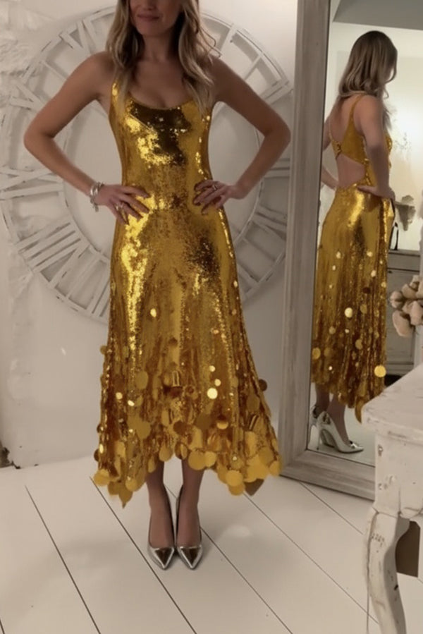 Vestido largo de tirantes Consejos de Fiesta de lentejuelas con bajo de flecos redondos irregulares y abertura en la espalda