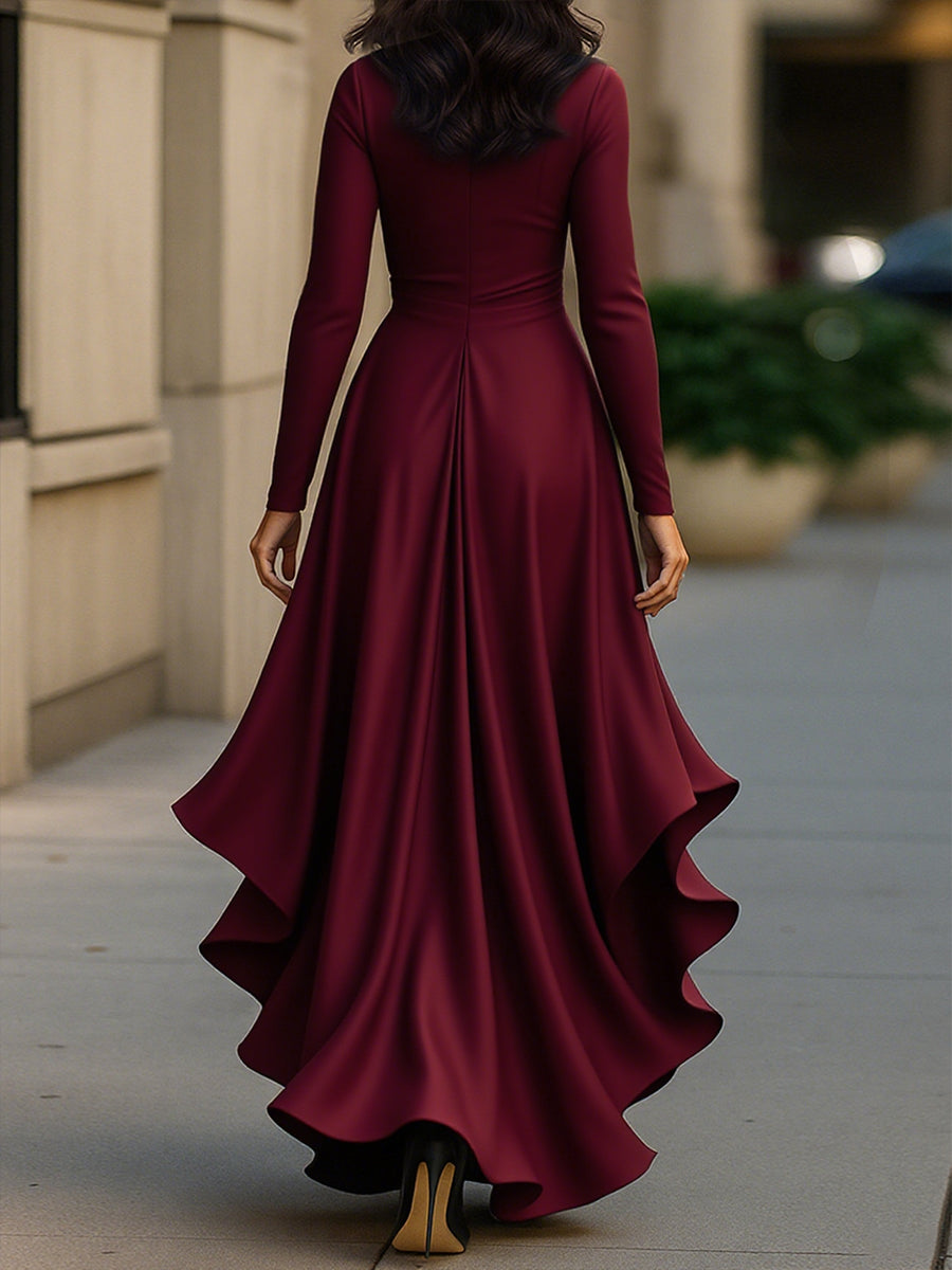 Palma | Vestido largo de satén drapeado con detalles de volantes