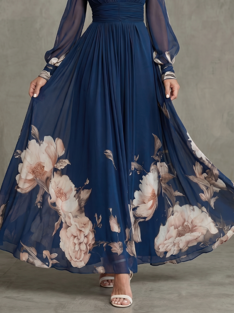 Elena | Vestido Maxi Plisado con Mangas Transparentes