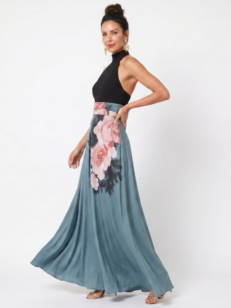 Olympas | Vestido largo con cuerpo halter y falda floral