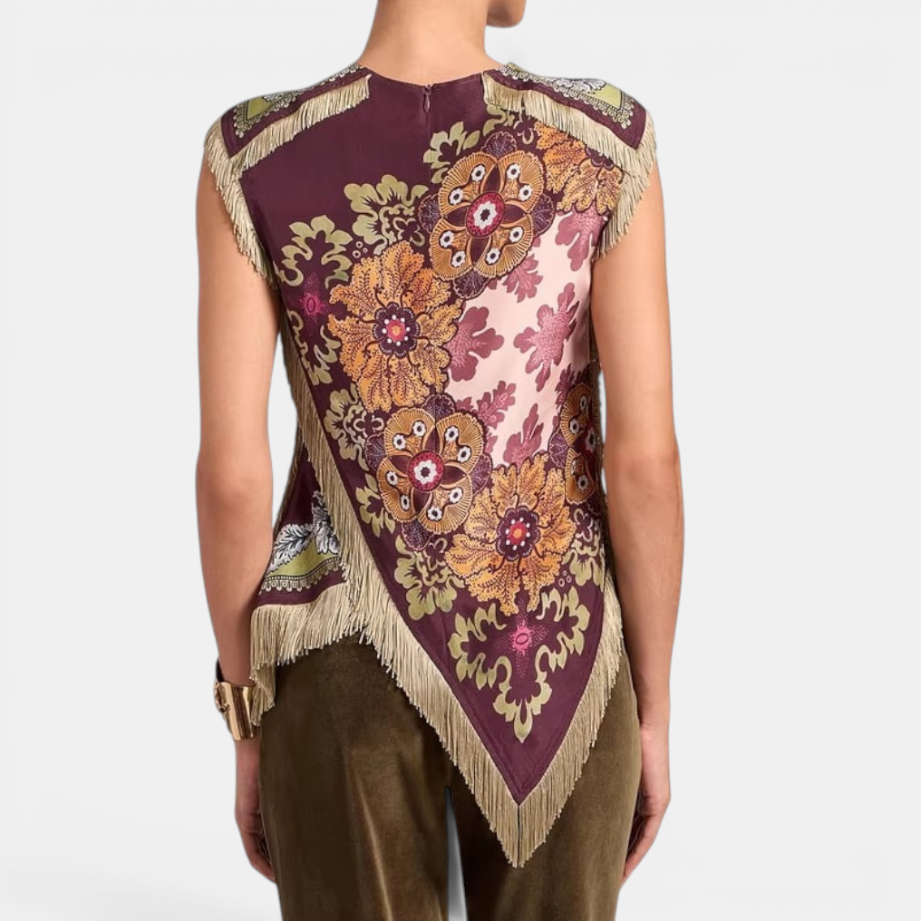 DELWYN™: blusa sin mangas con estampado vintage y borlas