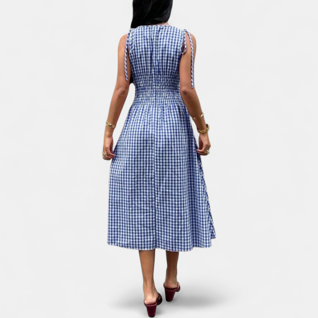PERNETTE™ – Vestido midi de vichy con cintura fruncida