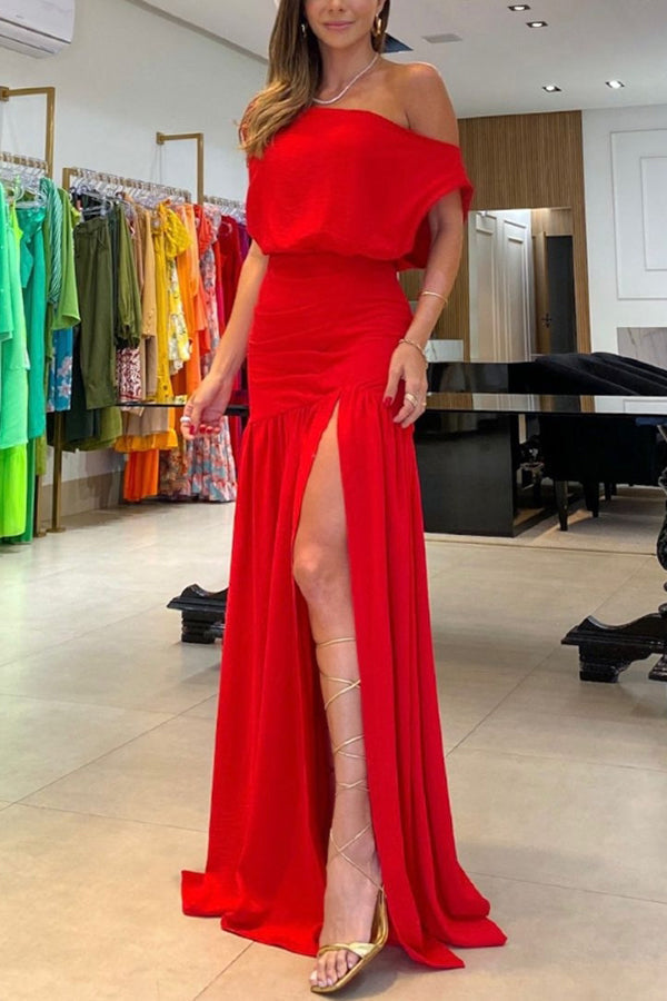 Vestido largo de fiesta Oportunidades de Medianoche asimétrico de un hombro con detalle fruncido y abertura