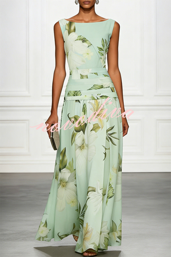Vestido largo clásico con estampado floral, escote barco, cintura fruncida, sin mangas y corte en A
